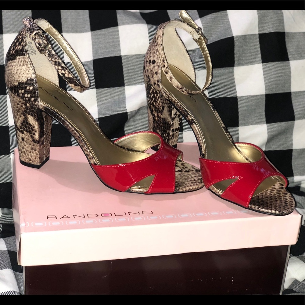 Bandolino Red/Snake Skin Ankle Strap Heels. Size 8